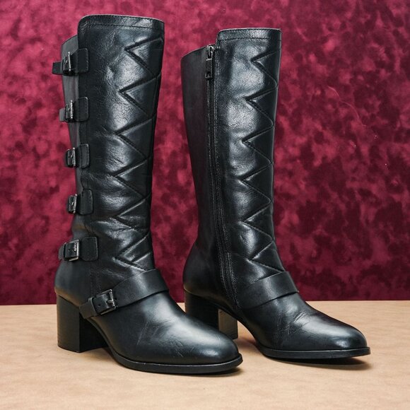 Ralph Lauren Women Vintage Retro 90s Black Leather Moto Biker Strap Boots sz 8
